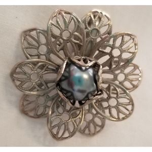 Vintage Silver-tone Filigree & Faux Black Pearl Clip-on Floral Earrings